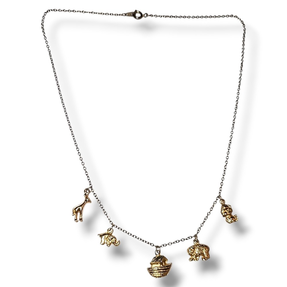 Vintage‎ Noahs Ark Animal Charm Necklace Gold Tone Dainty 16" Elephant